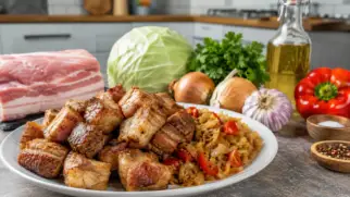Фото рецепта: Чичаррон жареная свинина с капустой и томатами