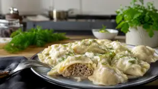 Фото рецепта: Домашние литовские пельмени с мясом и сливочным соусом для сытного семейного ужина