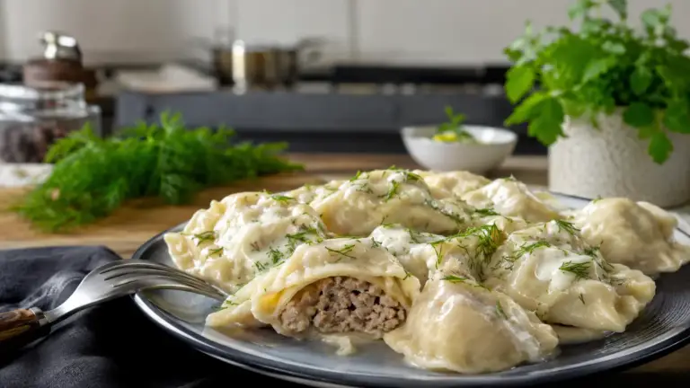 Фото блюда: Домашние литовские пельмени с мясом и сливочным соусом для сытного семейного ужина