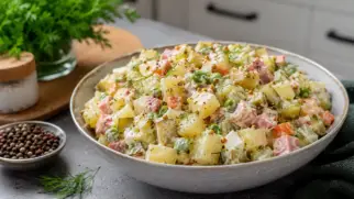 Фото рецепта: Домашний картофельный салат с колбасой и хрустящими огурчиками в нежной сметанной заправке