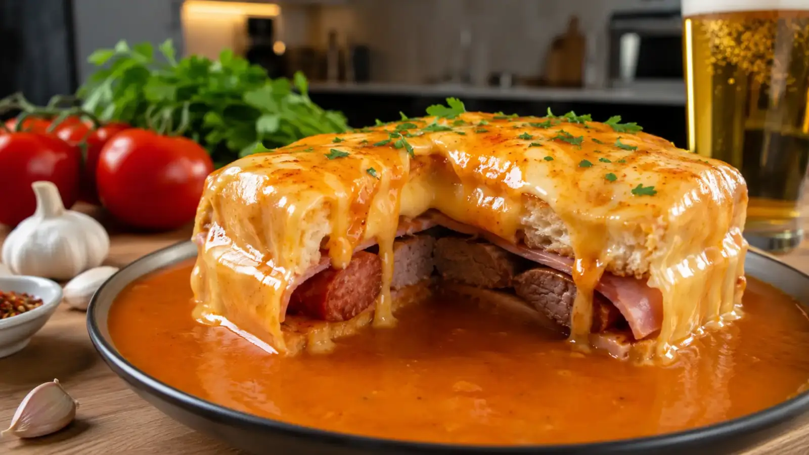 Фото блюда: Сытная франсезинья с мясом, сыром и густым соусом по португальскому рецепту, рецепт с фото