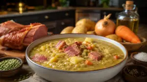 Фото блюда: Густой гороховый суп с копчёной рулькой и картофелем с насыщенным вкусом