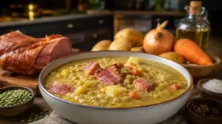 Фото рецепта: Густой гороховый суп с копчёной рулькой и картофелем с насыщенным вкусом