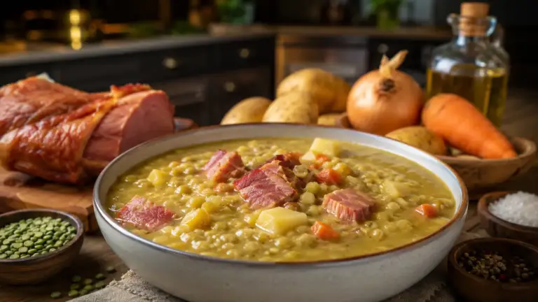 Фото блюда: Густой гороховый суп с копчёной рулькой и картофелем с насыщенным вкусом