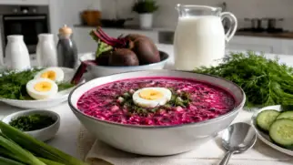 Фото рецепта: Холодник свекольный с яйцом вареным и свежими огурцами