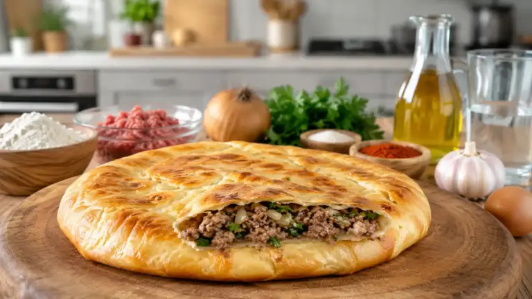 Фото блюда: Матабак лепешка с мясной начинкой и зеленью
