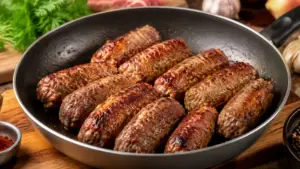 Фото блюда: Сочные мичи — румынские жареные колбаски из мясного фарша