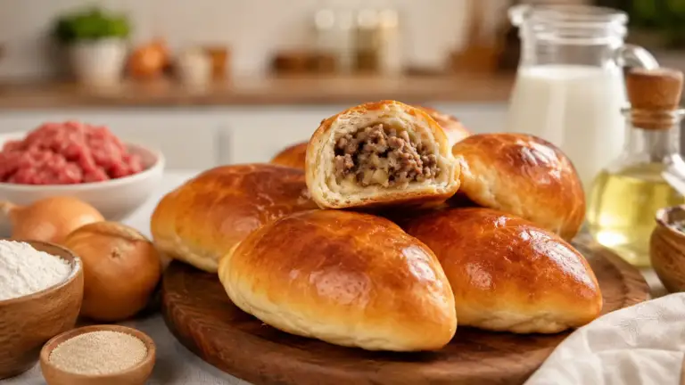 Фото блюда: Румяные дрожжевые пирожки с мясом и жареным луком в духовке