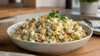 Фото рецепта: Салат Столичный с говядиной и картофелем сытный классический