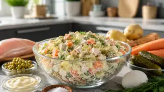 Фото рецепта: Салат Столичный с курицей и морковью классический