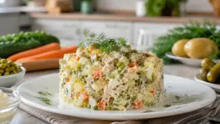 Фото рецепта: Классический салат Столичный с курицей и хрустящими огурцами