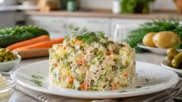 Фото рецепта: Классический салат Столичный с курицей и хрустящими огурцами