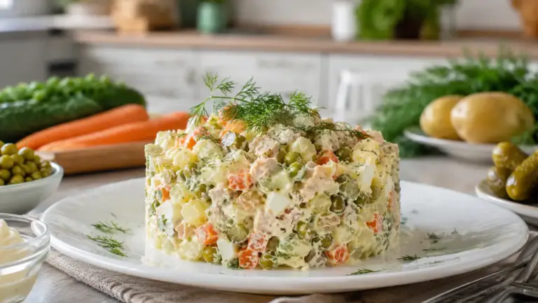 Фото блюда: Классический салат Столичный с курицей и хрустящими огурцами