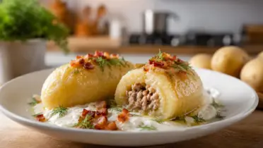 Фото рецепта: Сочные картофельные цеппелины с мясом и сметанным соусом по литовскому домашнему рецепту