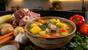 Фото блюда: Сопа де рес говяжий суп с овощами и кукурузой