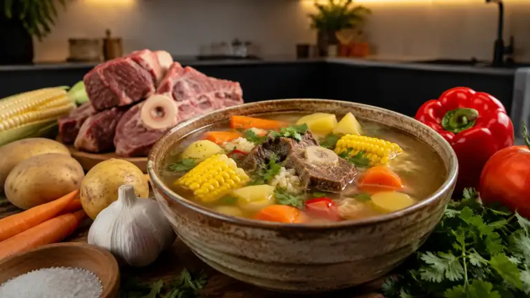 Фото блюда: Сопа де рес говяжий суп с овощами и кукурузой
