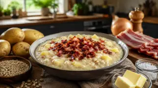 Фото рецепта: Сытная картофельная каша с перловкой и хрустящим беконом на сковороде