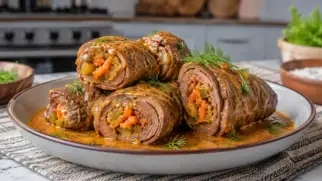Фото рецепта: Тушёные говяжьи рулетики с овощной начинкой и густым домашним соусом