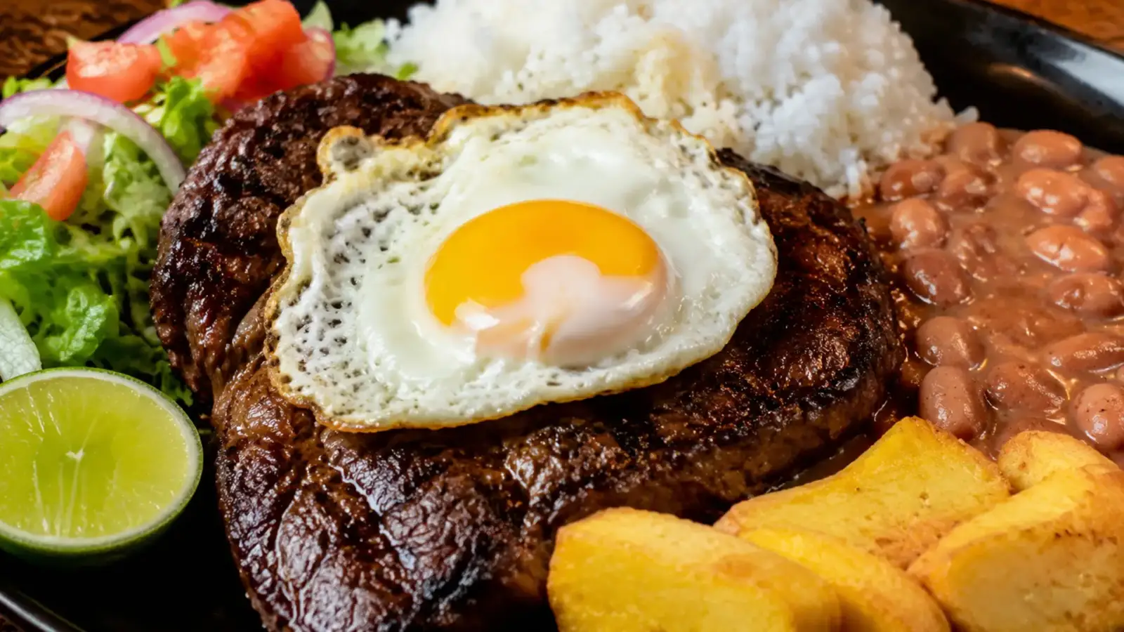 Фото блюда: Чурраско стейк с яйцом и рисом эквадорская кухня домашний, рецепт с фото