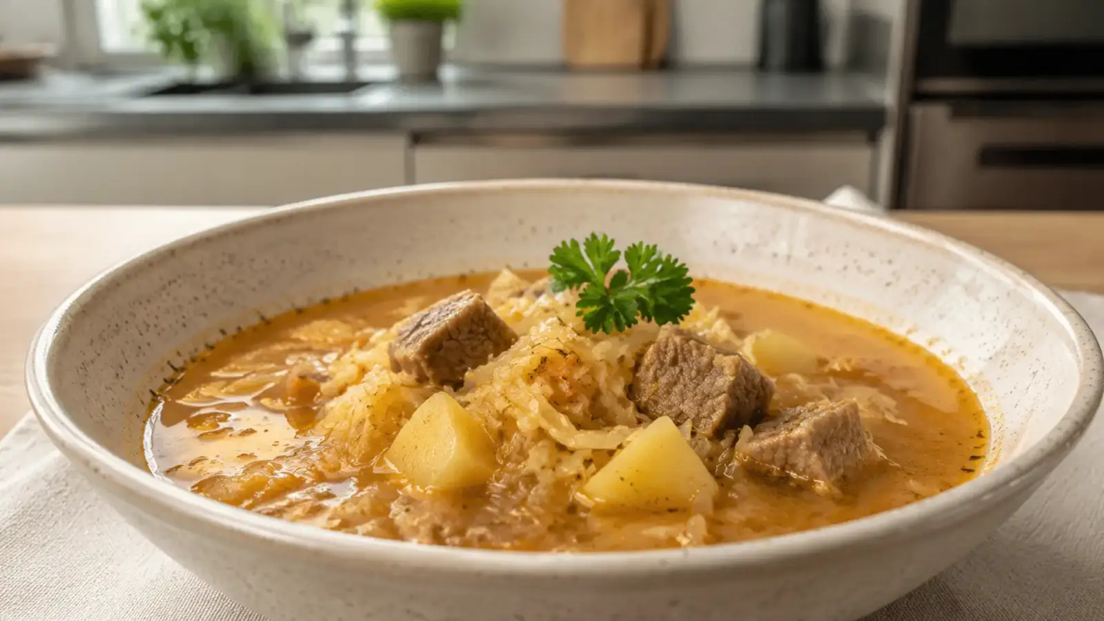 Фото блюда: Капустница суп из квашеной капусты с копченым мясом и овощами, рецепт с фото