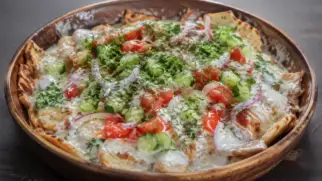 Фото рецепта: Курутоб лепешки с йогуртовым соусом и овощами таджикская кухня