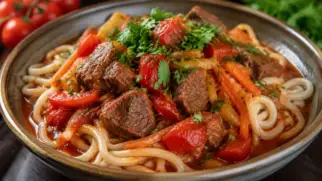 Фото рецепта: Лагман лапша с мясом и овощами таджикская кухня
