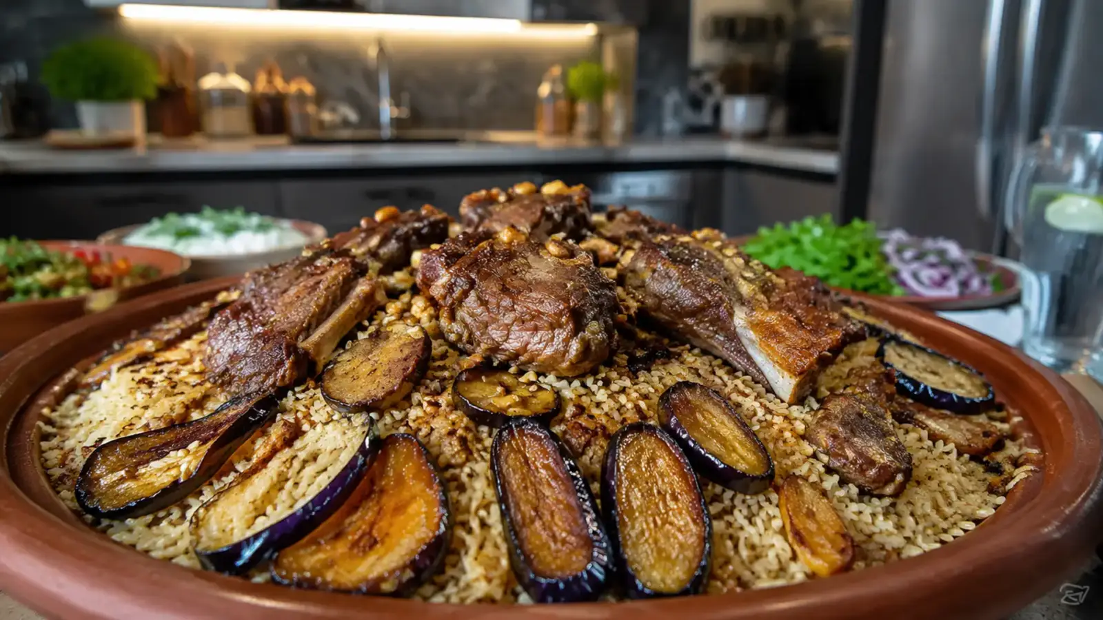 Фото блюда: Маклюба рис с мясом и баклажанами с пряной бараниной и баклажанами, рецепт с фото