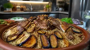 Фото блюда: Маклюба рис с мясом и баклажанами с пряной бараниной и баклажанами