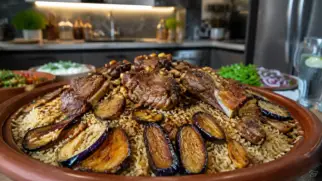 Фото рецепта: Маклюба рис с мясом и баклажанами с пряной бараниной и баклажанами