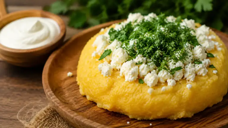 Фото рецепта: Мамалыга с брынзой и зеленью балканская кухня домашняя