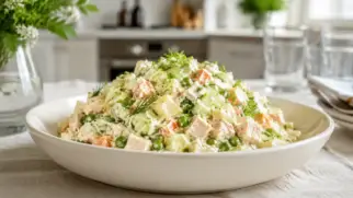 Фото рецепта: Салат Столичный с индейкой и огурцами нежный классический вариант