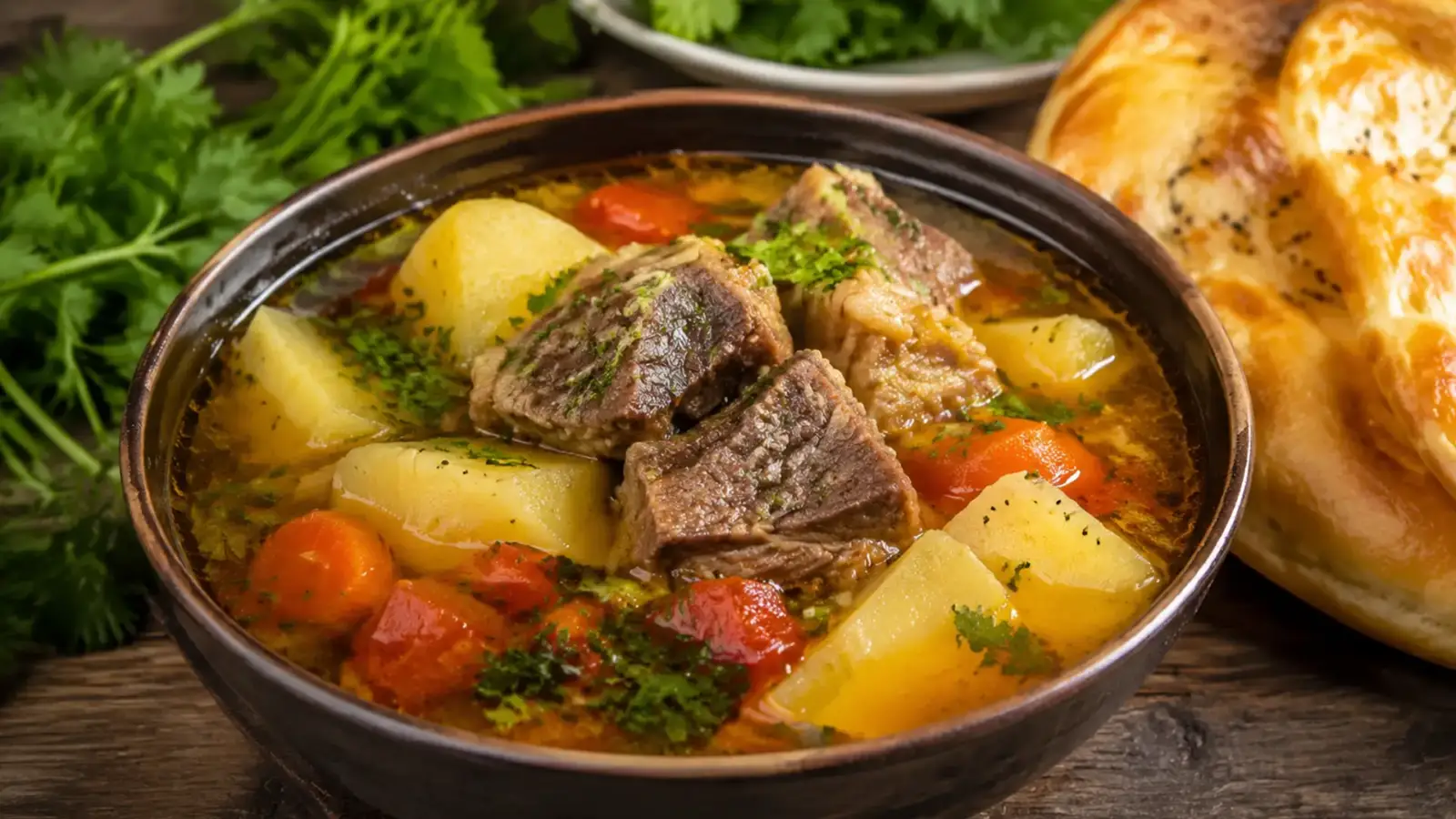 Фото блюда: Шурбо суп с мясом и картофелем таджикская кухня домашний, рецепт с фото