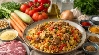 Фото рецепта: Кускус с бараниной и овощами в насыщенном пряном бульоне