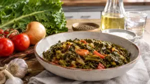 Фото блюда: Сукума вики тушеная капуста с луком и сочными помидорами