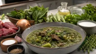 Фото рецепта: Суп калалу с зеленью и мясом в густом кокосовом бульоне