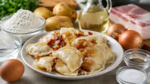 Фото блюда: Вареники с картофелем и шкварками с сочной луковой заправкой