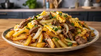 Фото рецепта: Чорильяна картофель с мясом и яйцом сочное чилийское блюдо с говядиной