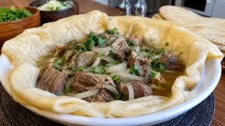 Фото рецепта: Дограма с лепешками мясом и ароматным бульоном по туркменски