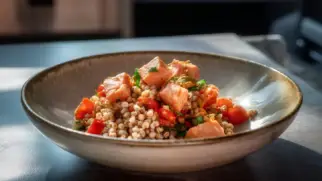 Фото рецепта: Гречка с лососем и овощами на сковороде