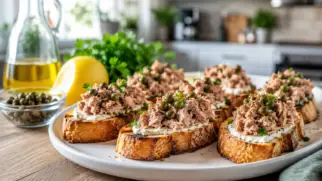 Фото рецепта: Кростини с тунцом и каперсами на хрустящем багете