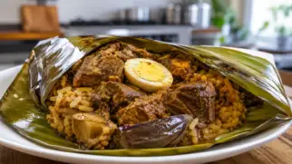 Фото рецепта: Лампрайс рис с мясом в банановом листе традиционное блюдо Шри Ланки с карри