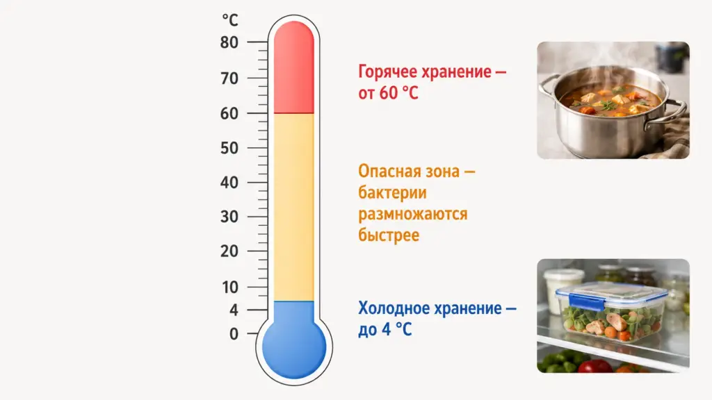 Опасная температурная зона готовой еды от 4 до 60 градусов