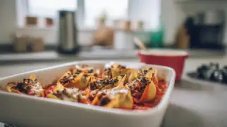 Фото рецепта: Ракушки с чоризо и томатным соусом в духовке
