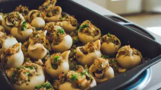 Фото рецепта: Ракушки с грибами и сметаной под сырной крошкой