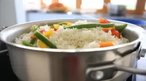 Фото блюда: Рис с кокосовым молоком и овощами в сотейнике