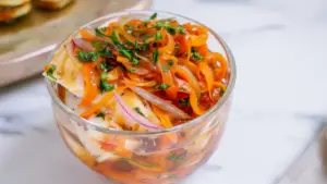 Фото блюда: Сайра под маринадом из моркови и лука с томатной заливкой