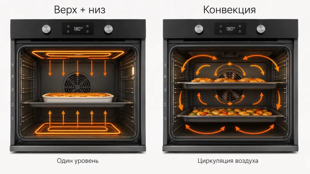 На каком уровне ставить противень при верхнем и нижнем нагреве