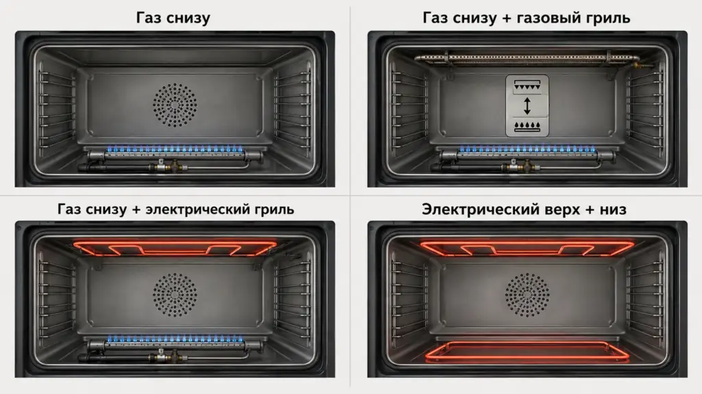 Варианты нижнего и верхнего нагрева в газовых духовках