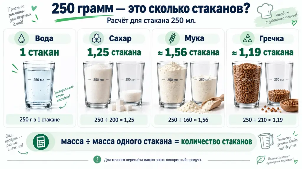 Сколько стаканов составляют 250 граммов воды, сахара, муки и гречки