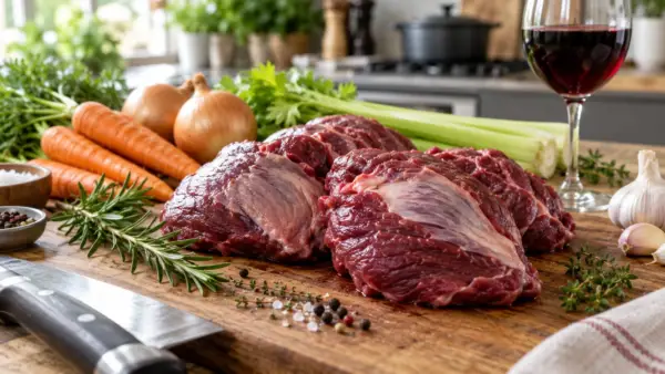Говяжьи щечки на деревянной доске на современной кухне